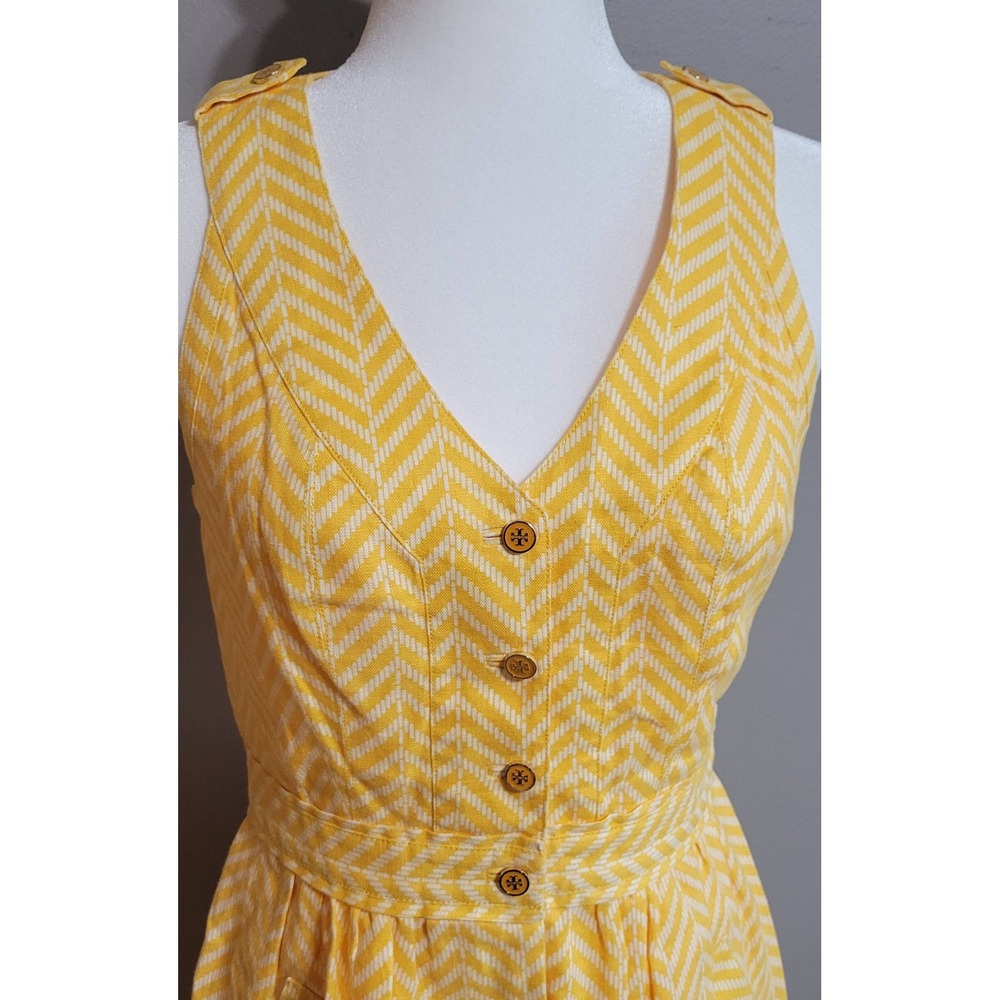 Tory Burch Linen Button-Down Yellow Chevron Dress - Picture 4 of 10